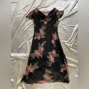 Vintage 1990s Black Floral Chiffon Bias Cut Maxi Size 14 Fairy Boho